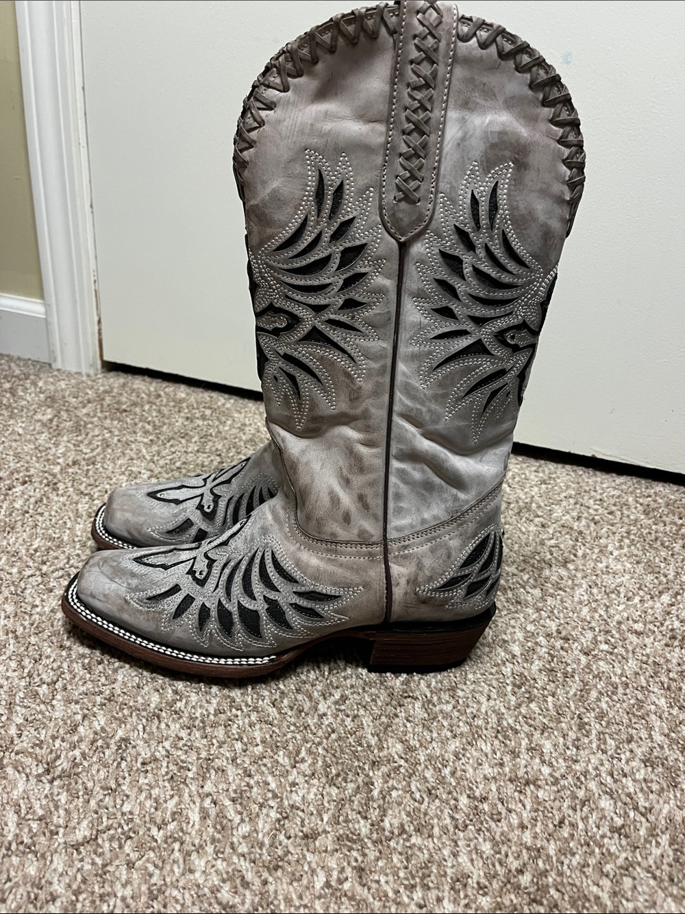 NWT J.B. Dillon Reserve Gray Leather Western Cowgirl Boots Cross Detail 9B - Picture 7 of 8